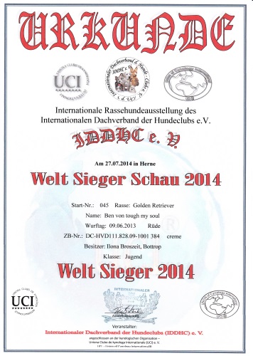Urkunde Welt Sieger Schau 2014